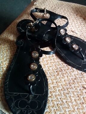 Coach Black Floral T-Strap Sandals with Jewel Accents